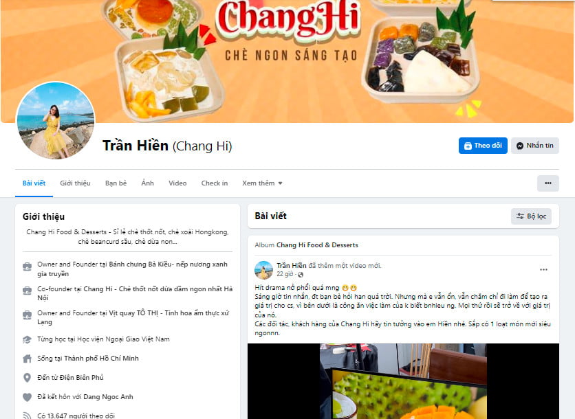 Tài khoản mạng xã hội bà chủ quán chè CHang Hi