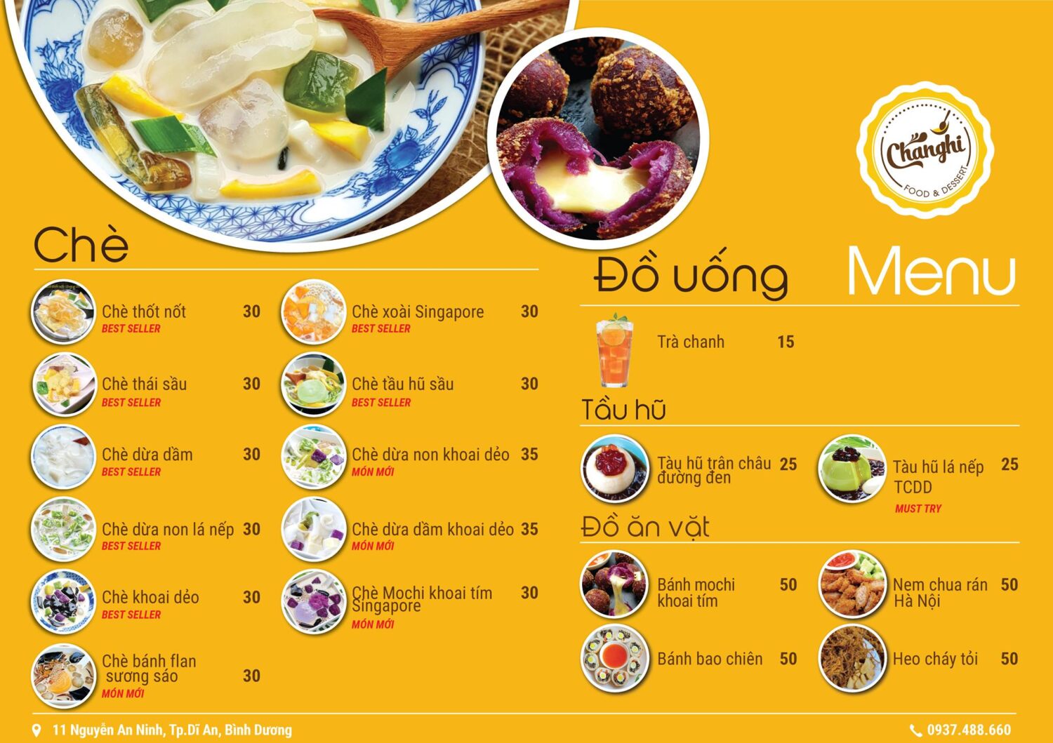 Quán chè Chang Hi menu